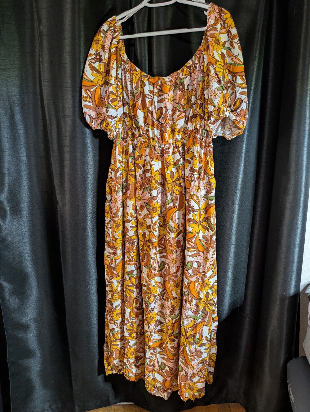 E2 ELOQUII Retro Floral Puff Sleeve Tie-Front Maxi Dress Plus Size 22 Rayon Boho